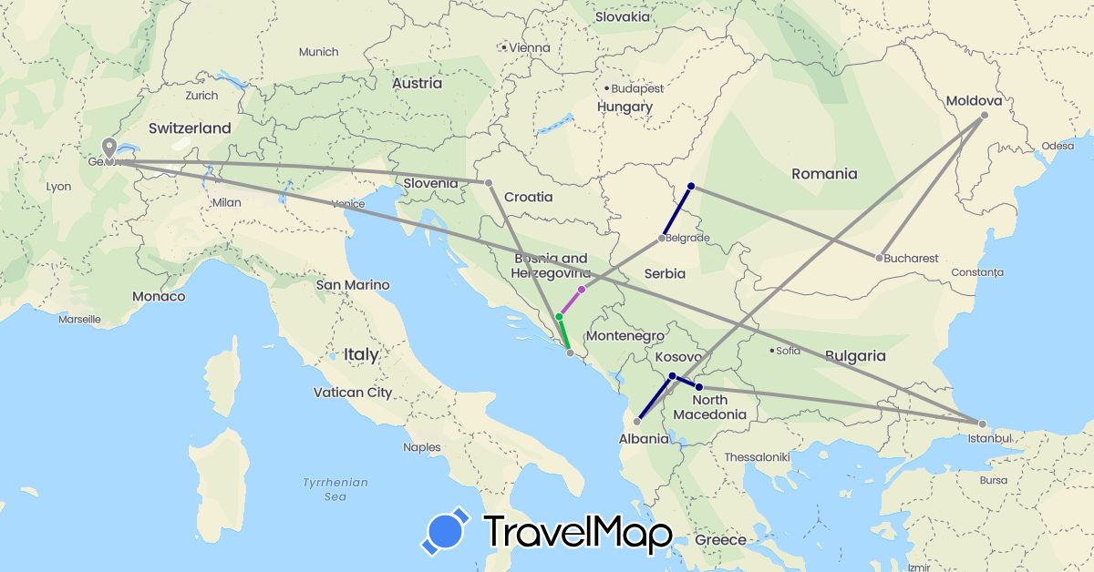 TravelMap itinerary: driving, bus, plane, train in Albania, Bosnia and Herzegovina, Switzerland, Croatia, Moldova, Macedonia, Romania, Serbia, Turkey, Kosovo (Asia, Europe)