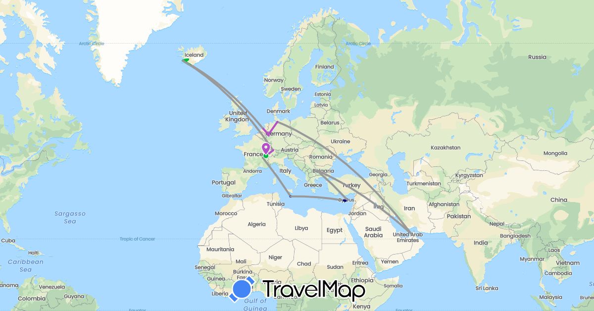 TravelMap itinerary: driving, bus, plane, train, hiking, boat in United Arab Emirates, Bulgaria, Switzerland, Cyprus, Germany, France, Iceland, Malta, Netherlands (Asia, Europe)