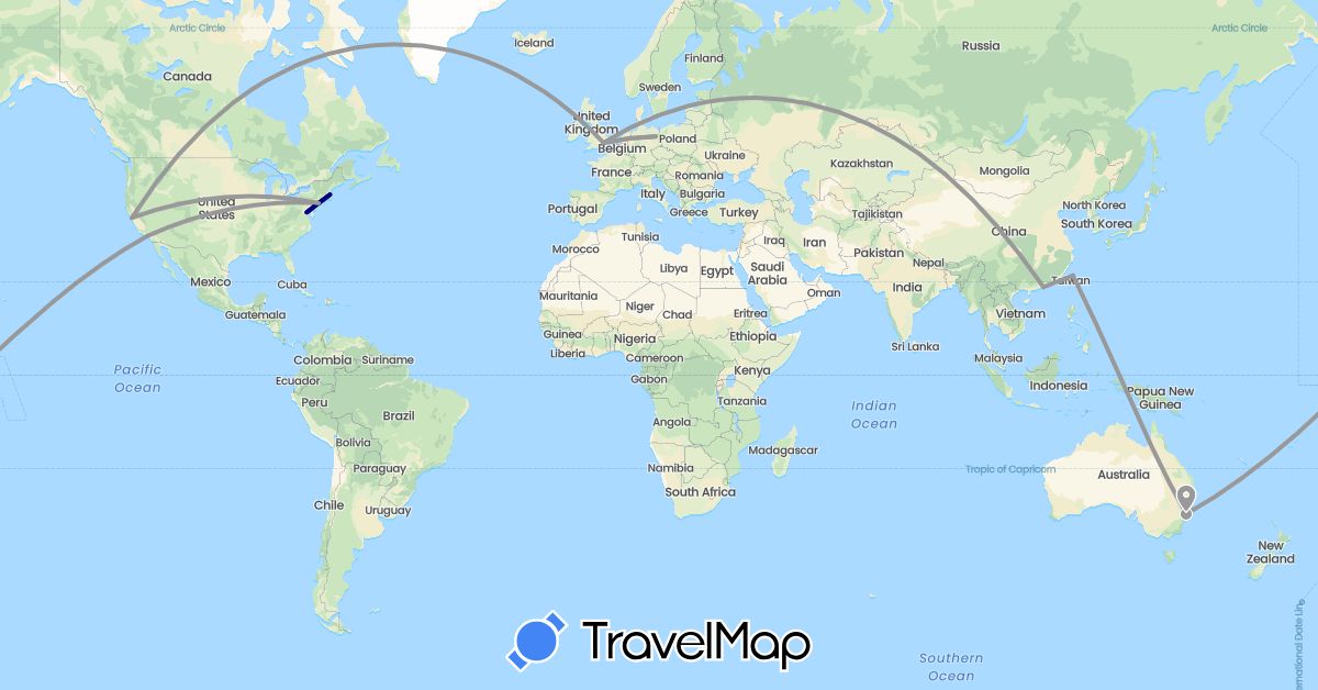 TravelMap itinerary: driving, plane in Australia, China, Germany, United Kingdom, Taiwan, United States (Asia, Europe, North America, Oceania)