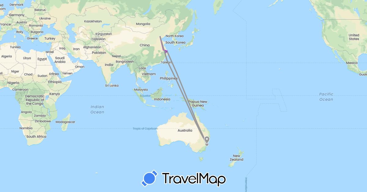 TravelMap itinerary: driving, bus, plane, train in Australia, China, Taiwan (Asia, Oceania)