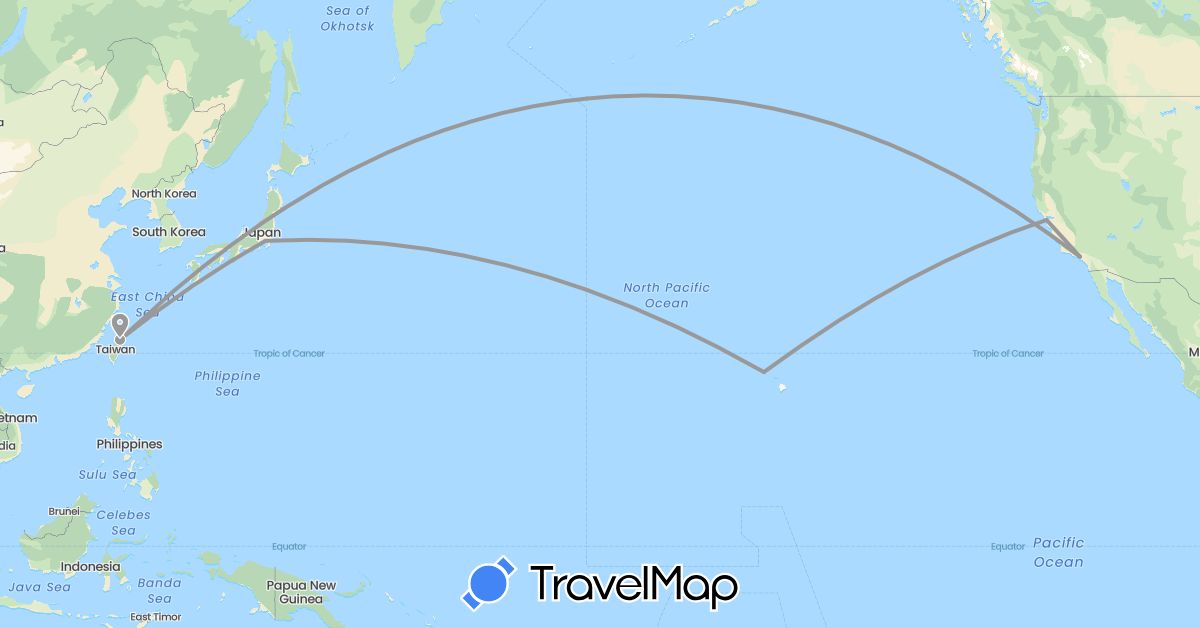 TravelMap itinerary: driving, plane in Japan, Taiwan, United States (Asia, North America)