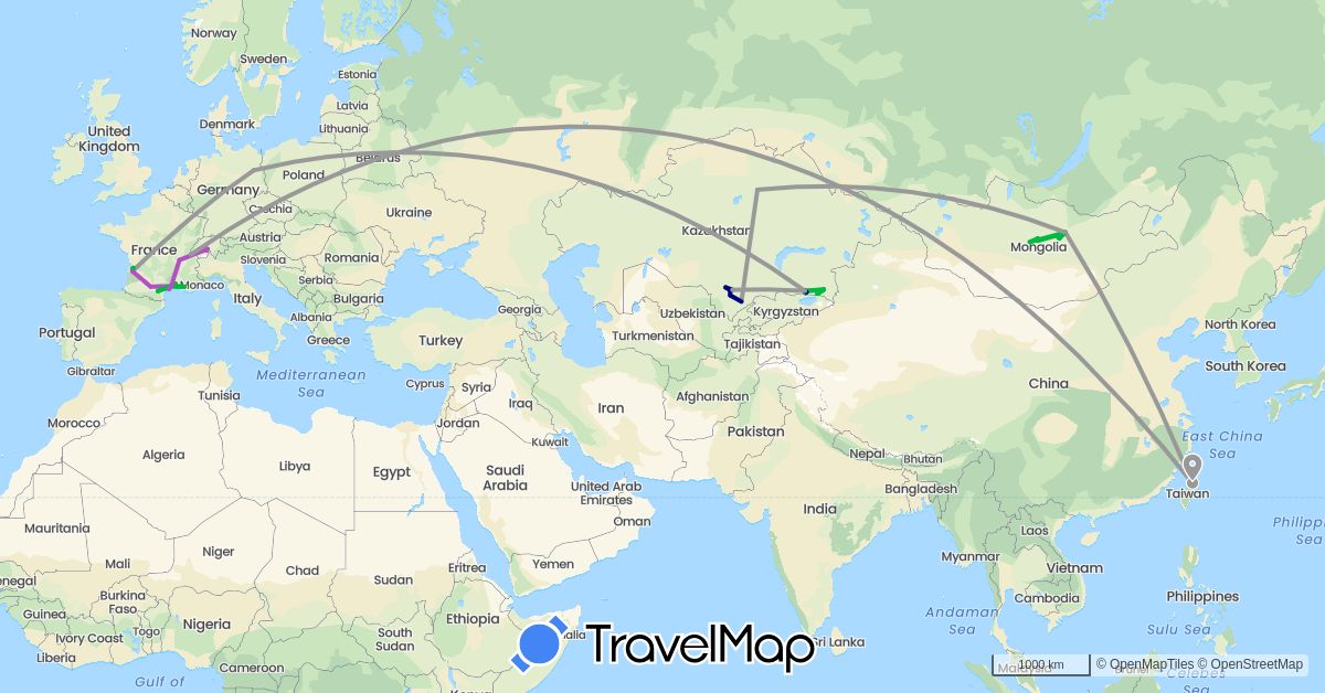 TravelMap itinerary: driving, bus, plane, train, hiking in Switzerland, Germany, France, Kazakhstan, Mongolia, Taiwan (Asia, Europe)