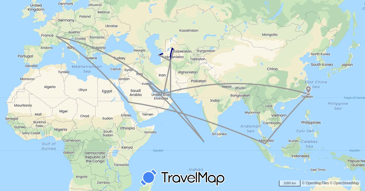 TravelMap itinerary: driving, plane, boat in United Arab Emirates, Bahrain, Switzerland, Kuwait, Maldives, Malaysia, Oman, Saudi Arabia, Turkmenistan, Taiwan (Asia, Europe)